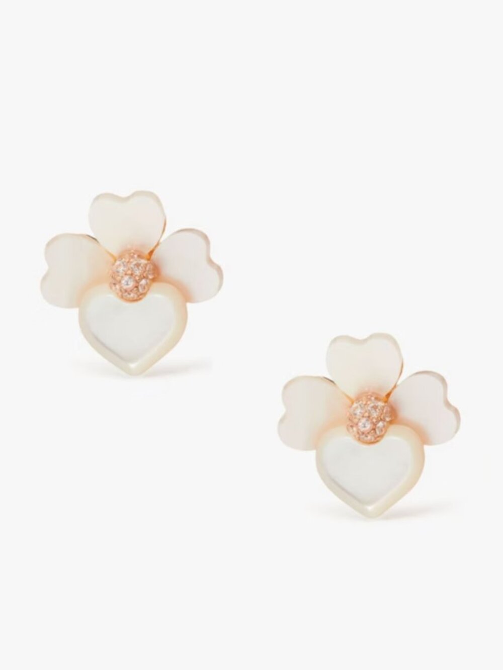 Kate Spade New York Mother of Pearl Heart Flower Stud Earrings Gold Tone Crystal